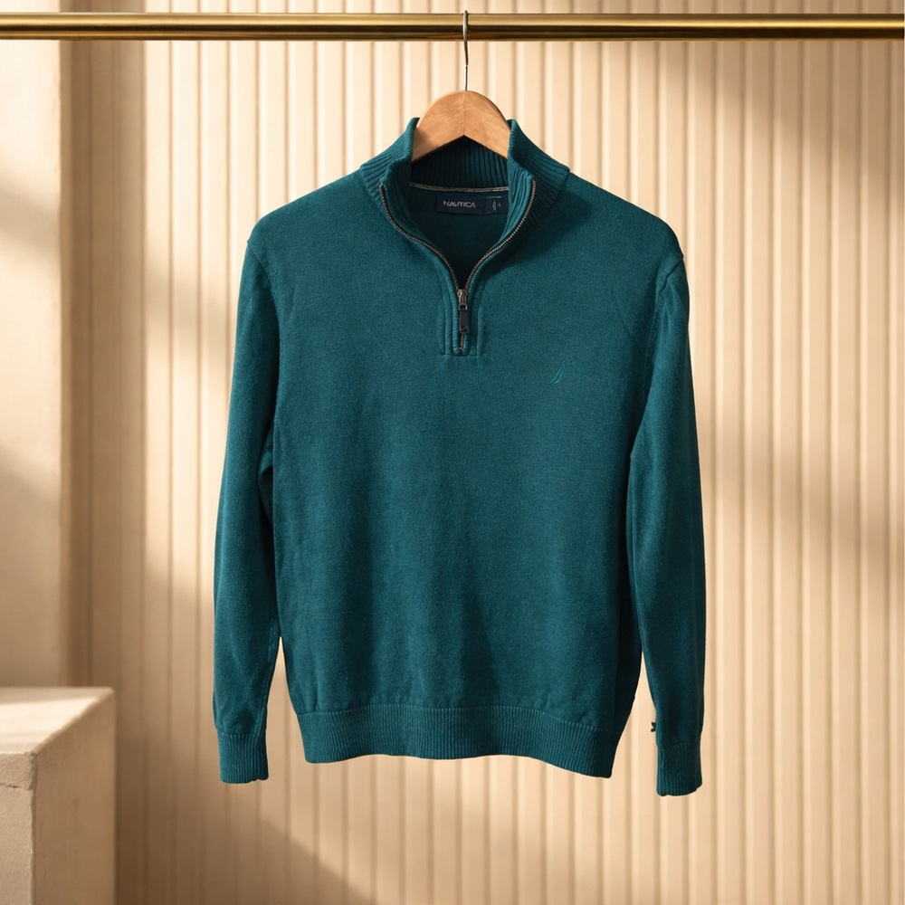 Nautica Men's‎ Quarter Zip Sweater Medium Teal Blue Pullover Preppy Classic EUC